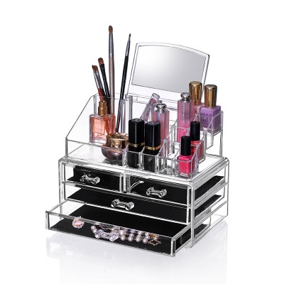 Wholesale Portable Clear Cube Acrylic Makeup Organizer Mirror